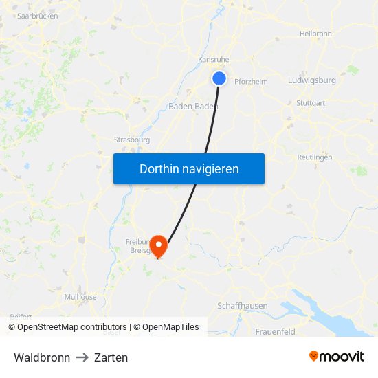 Waldbronn to Zarten map