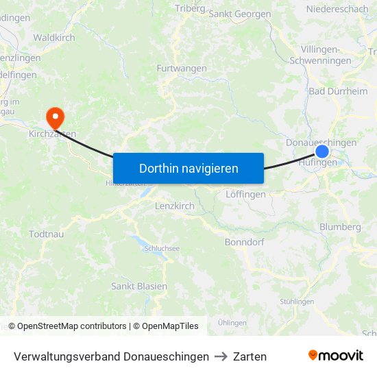 Verwaltungsverband Donaueschingen to Zarten map