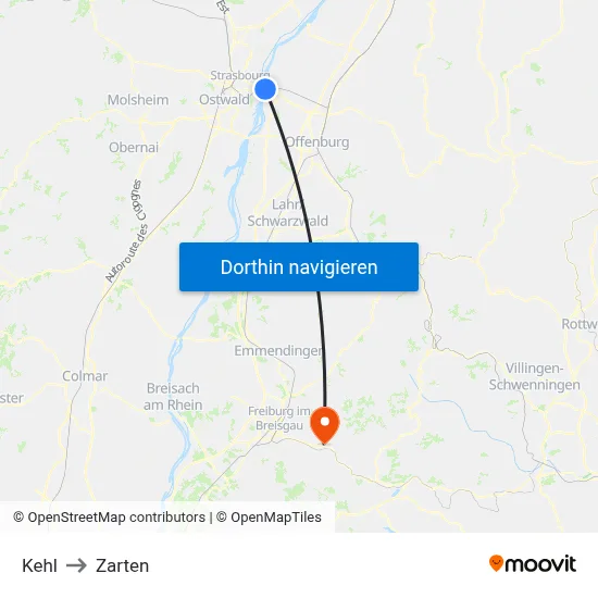 Kehl to Zarten map
