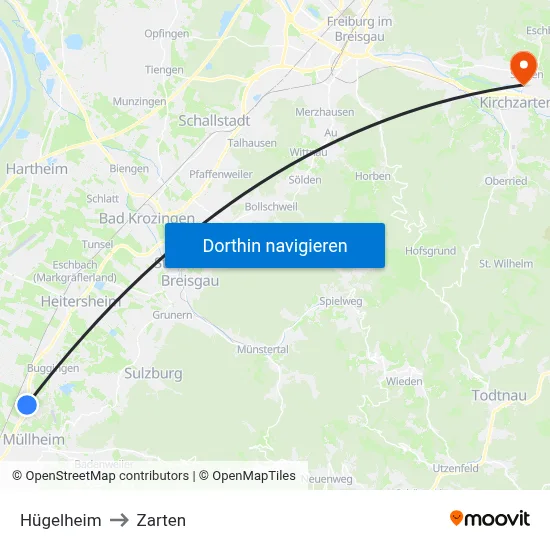 Hügelheim to Zarten map