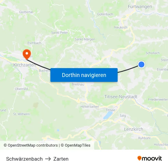 Schwärzenbach to Zarten map