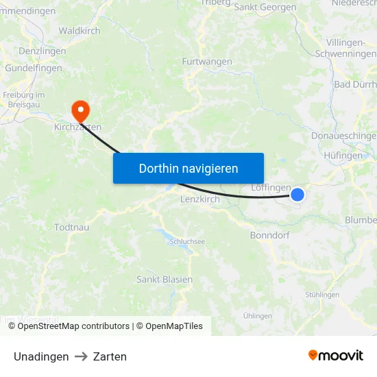 Unadingen to Zarten map