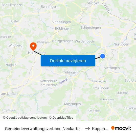 Gemeindeverwaltungsverband Neckartenzlingen to Kuppingen map