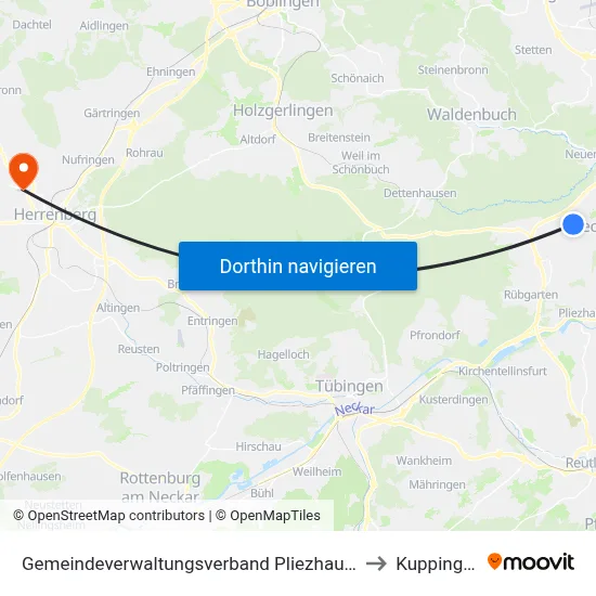Gemeindeverwaltungsverband Pliezhausen to Kuppingen map
