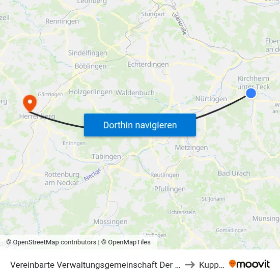 Vereinbarte Verwaltungsgemeinschaft Der Stadt Kirchheim Unter Teck to Kuppingen map