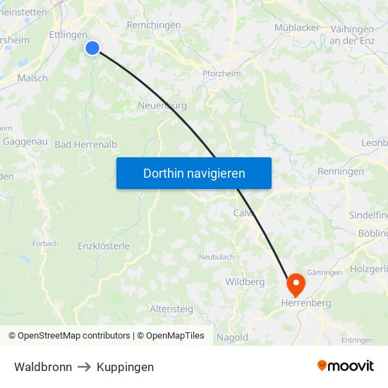 Waldbronn to Kuppingen map