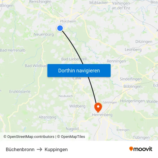 Büchenbronn to Kuppingen map