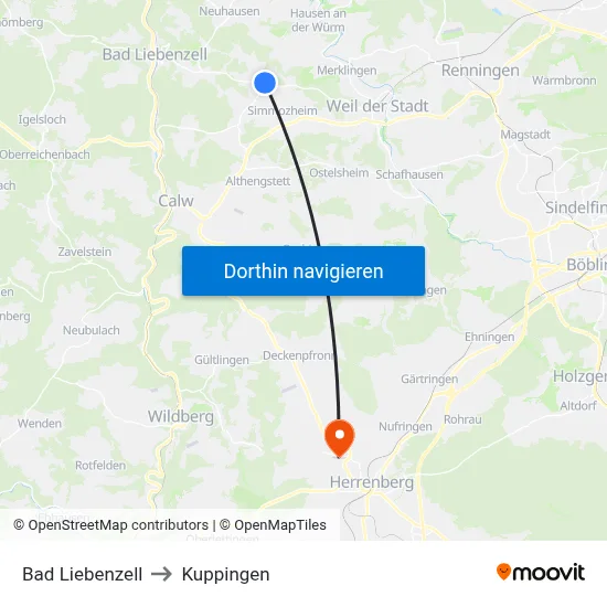Bad Liebenzell to Kuppingen map