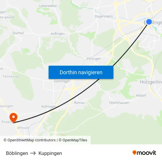 Böblingen to Kuppingen map