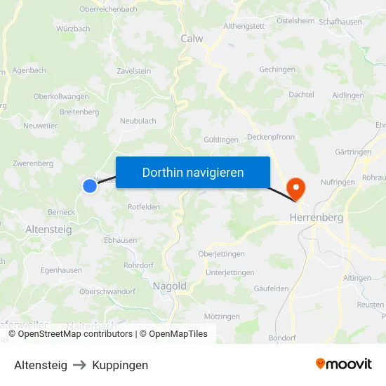 Altensteig to Kuppingen map