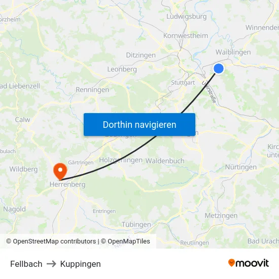 Fellbach to Kuppingen map