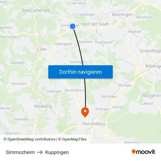 Simmozheim to Kuppingen map