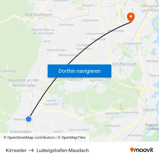 Kirrweiler to Ludwigshafen-Maudach map