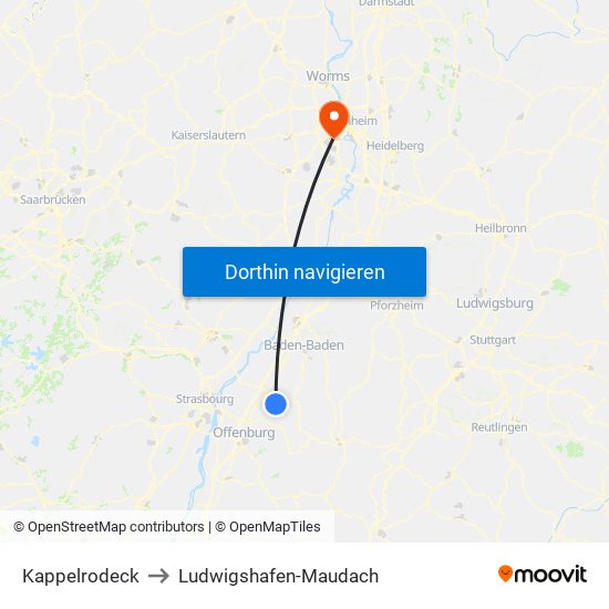 Kappelrodeck to Ludwigshafen-Maudach map