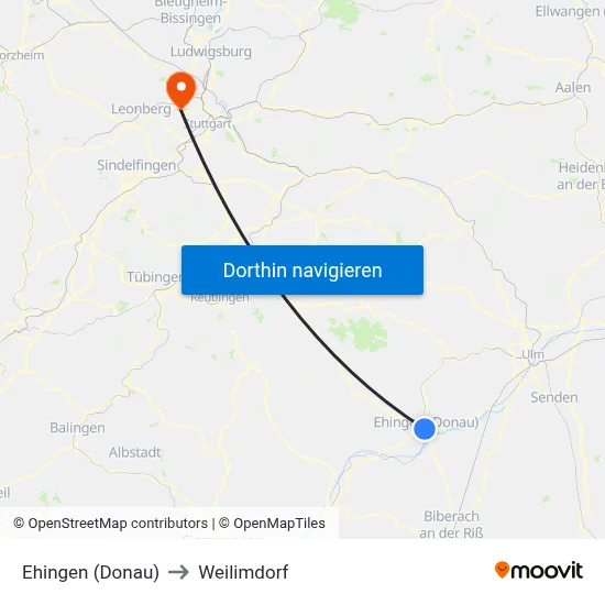 Ehingen (Donau) to Weilimdorf map