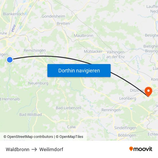 Waldbronn to Weilimdorf map