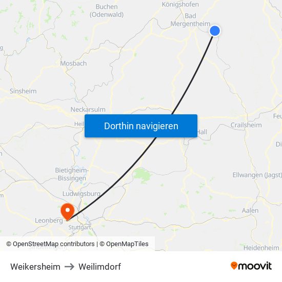 Weikersheim to Weilimdorf map