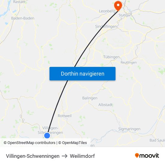 Villingen-Schwenningen to Weilimdorf map