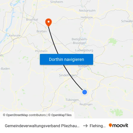 Gemeindeverwaltungsverband Pliezhausen to Flehingen map