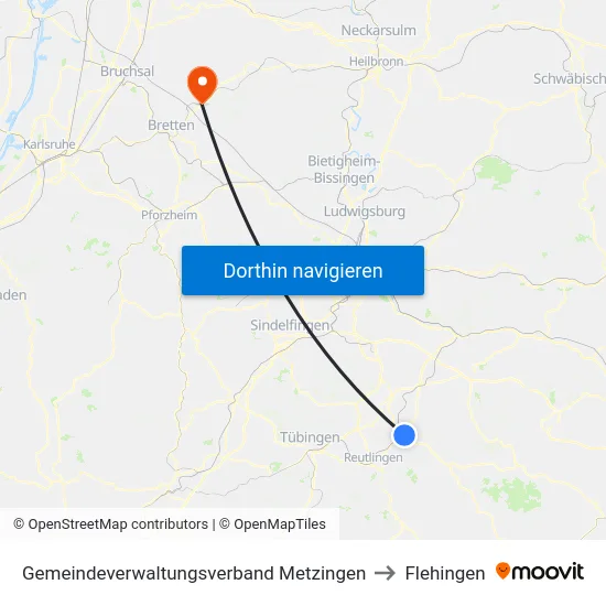 Gemeindeverwaltungsverband Metzingen to Flehingen map
