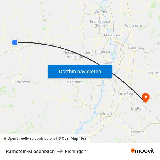 Ramstein-Miesenbach to Flehingen map
