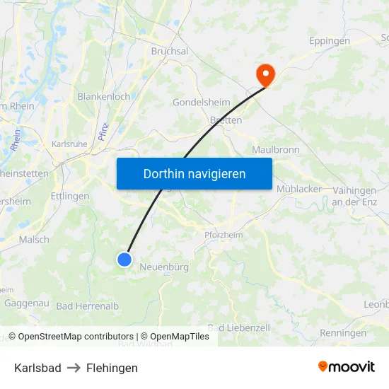 Karlsbad to Flehingen map