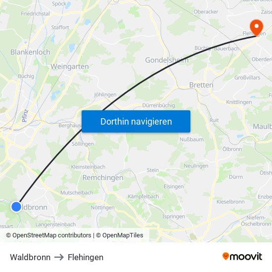 Waldbronn to Flehingen map