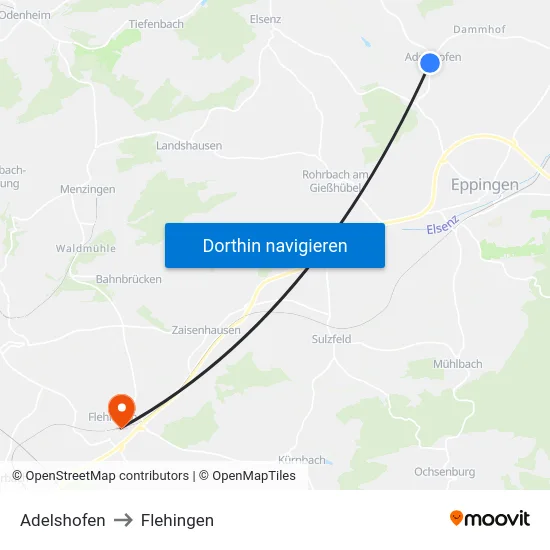 Adelshofen to Flehingen map
