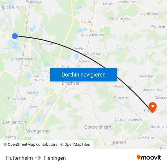 Huttenheim to Flehingen map