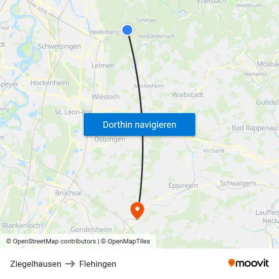 Ziegelhausen to Flehingen map