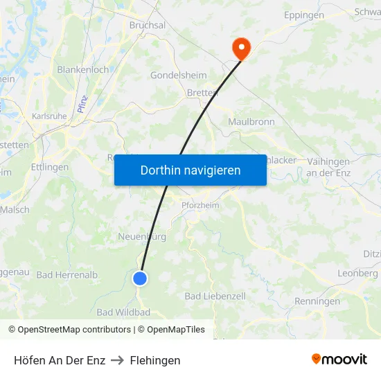 Höfen An Der Enz to Flehingen map