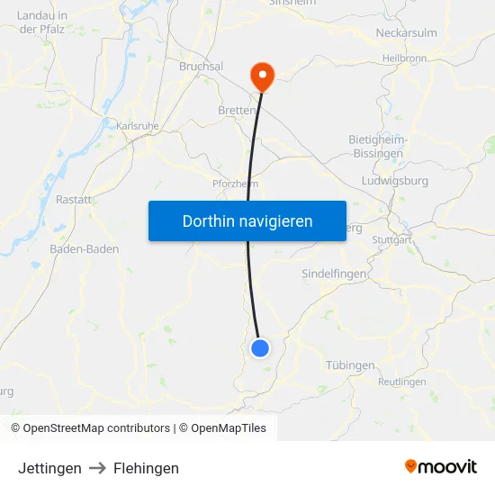 Jettingen to Flehingen map