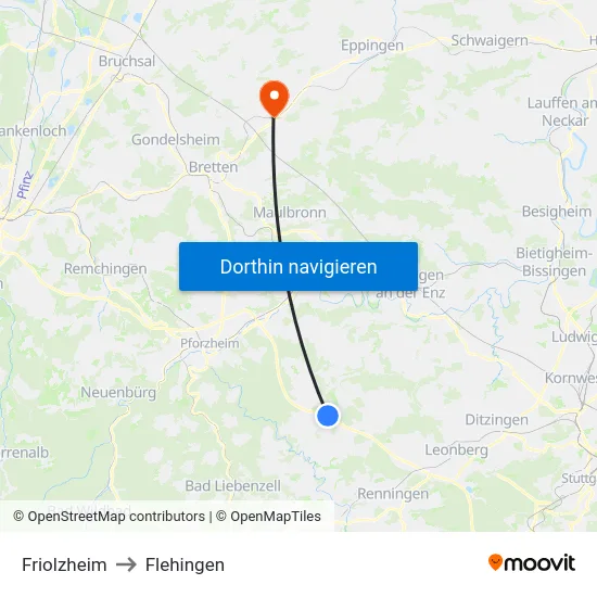 Friolzheim to Flehingen map