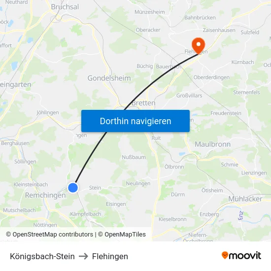 Königsbach-Stein to Flehingen map