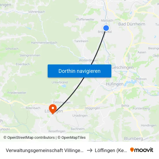 Verwaltungsgemeinschaft Villingen-Schwenningen to Löffingen (Kernstadt) map