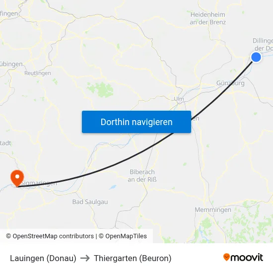 Lauingen (Donau) to Thiergarten (Beuron) map