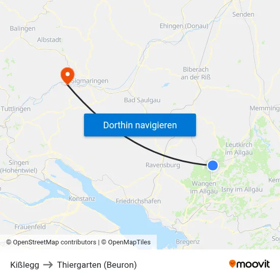 Kißlegg to Thiergarten (Beuron) map