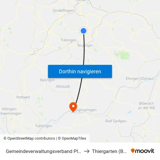 Gemeindeverwaltungsverband Pliezhausen to Thiergarten (Beuron) map