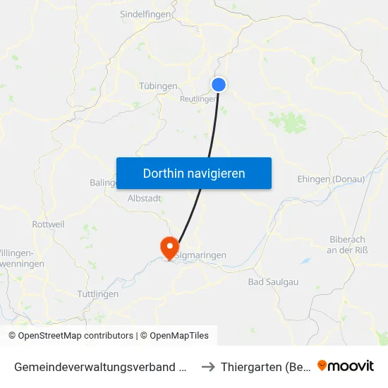 Gemeindeverwaltungsverband Metzingen to Thiergarten (Beuron) map