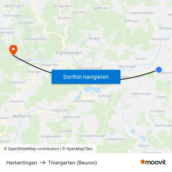 Herbertingen to Thiergarten (Beuron) map