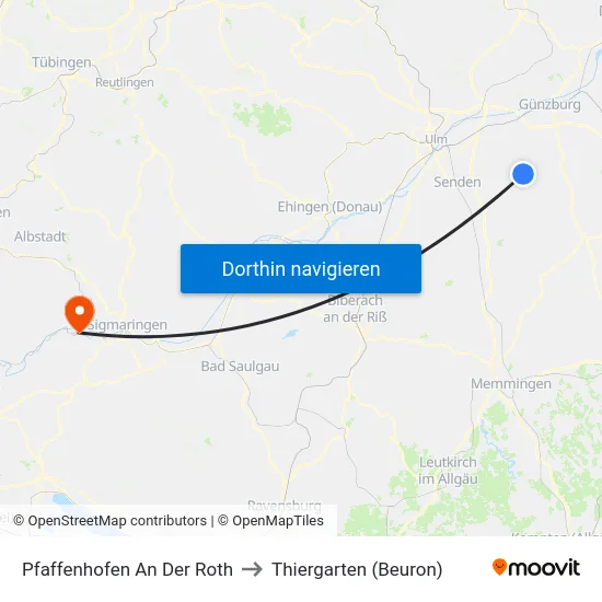 Pfaffenhofen An Der Roth to Thiergarten (Beuron) map
