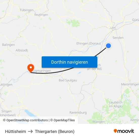 Hüttisheim to Thiergarten (Beuron) map