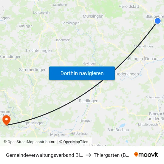 Gemeindeverwaltungsverband Blaubeuren to Thiergarten (Beuron) map