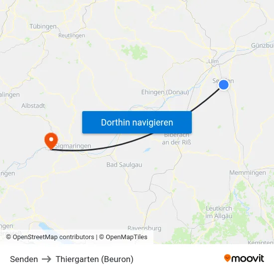 Senden to Thiergarten (Beuron) map