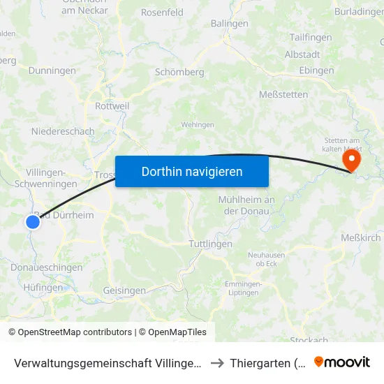 Verwaltungsgemeinschaft Villingen-Schwenningen to Thiergarten (Beuron) map