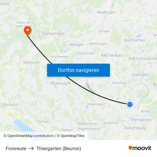 Fronreute to Thiergarten (Beuron) map