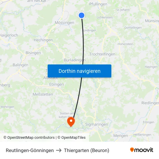 Reutlingen-Gönningen to Thiergarten (Beuron) map