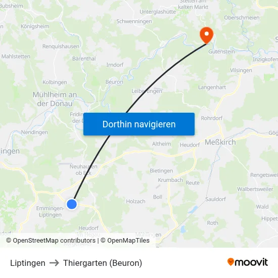 Liptingen to Thiergarten (Beuron) map