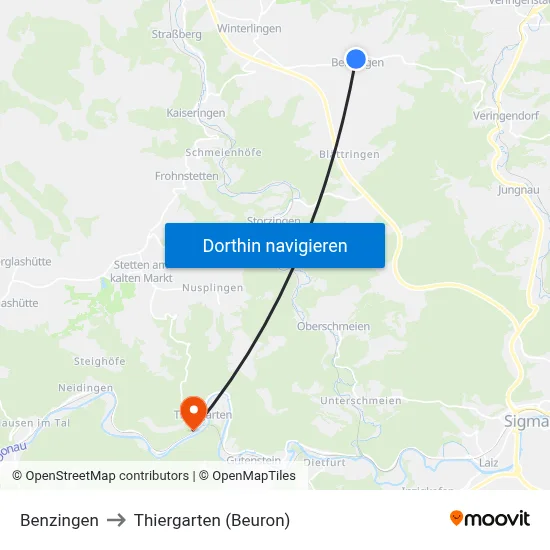 Benzingen to Thiergarten (Beuron) map