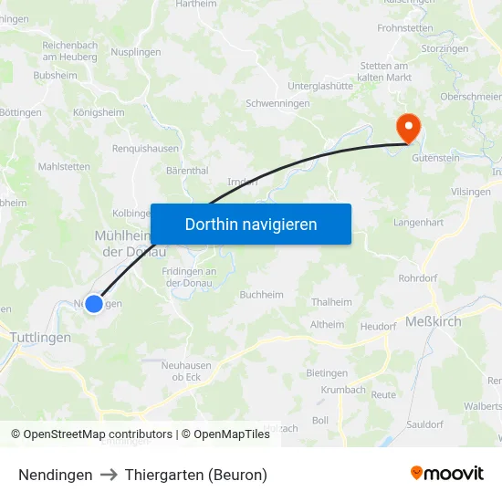 Nendingen to Thiergarten (Beuron) map